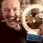 Ricky Gervais Instagram - My National Comedy Award for Best Stand Up Show arrived today. It’s going on the shelf. Not sure where though. It’s fucking massive. #SuperNature