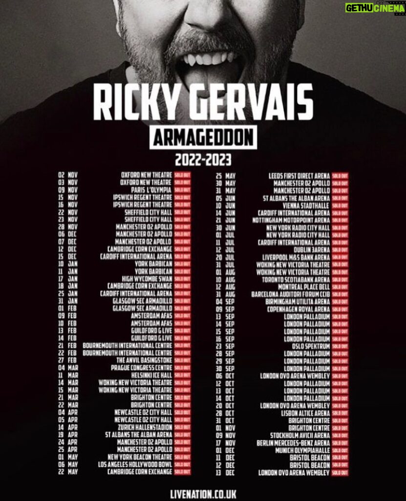 Ricky Gervais Instagram - #Armageddon is my favourite ever tour. It’s broken loads of box office & attendance records around the world & I can’t wait for you watch it on Netflix 😂