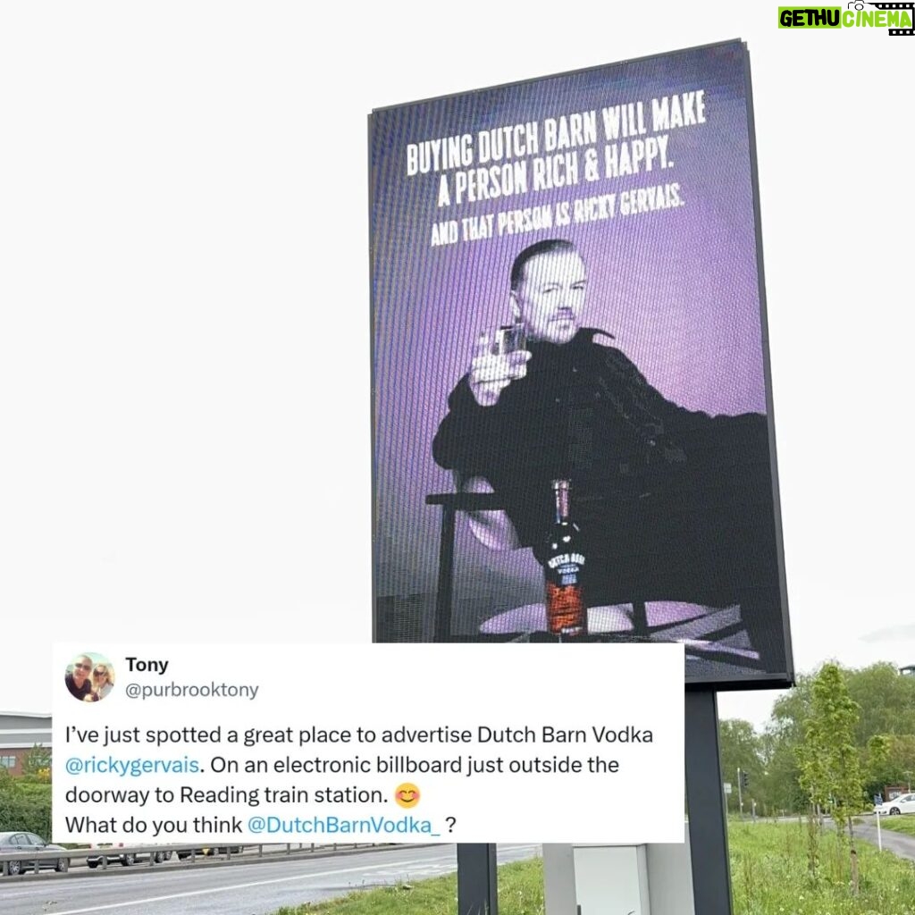 Ricky Gervais Instagram - Sorry Tony, we couldn’t afford the one at the train station so we had to settle for this one on the A33 by Hilton Reading. We're not made of money unfortunately but we are made from apples. @rickygervais #vodkadonedifferently @seeblindspotdotcom