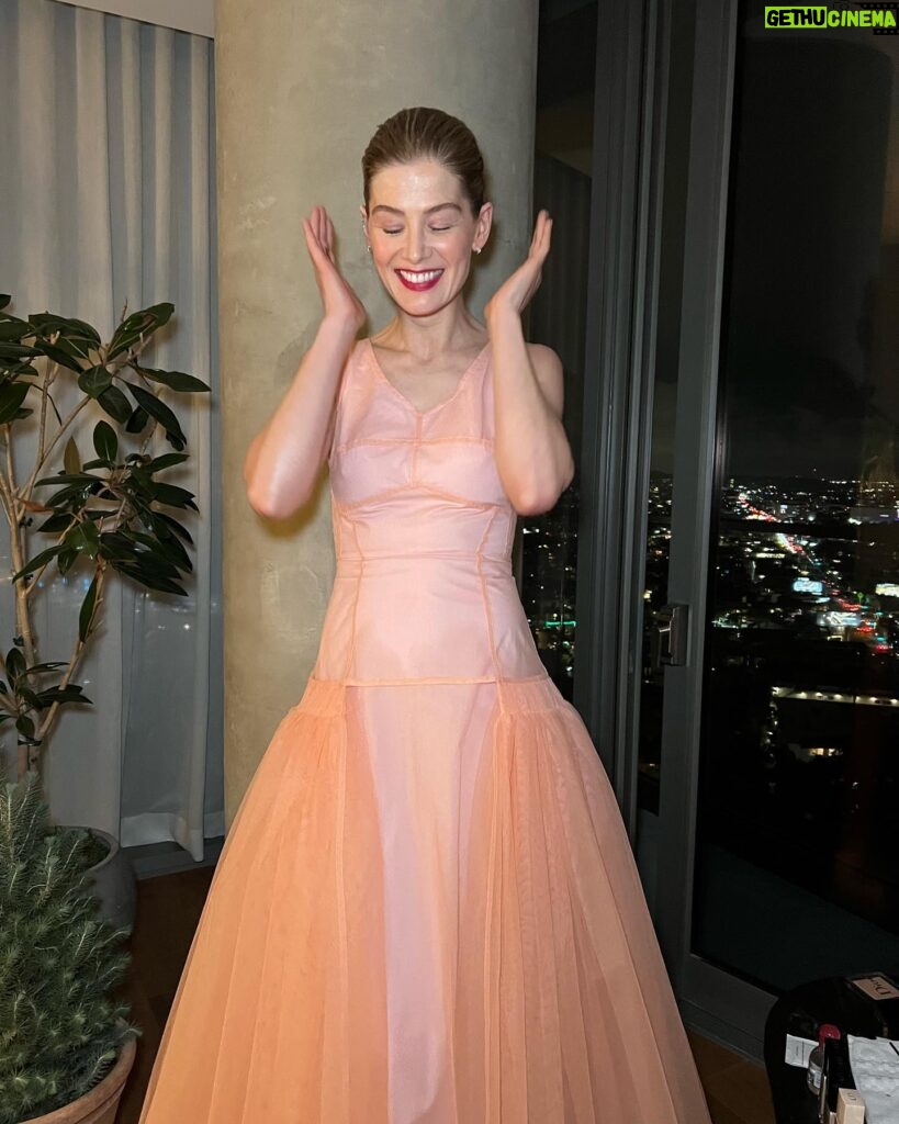 Rosamund Pike Instagram - LA DREAMING… night before the @goldenglobes . Lights of Los Angeles never fail to transfix me. A night to play in a @mollygoddard dress of dreams. We had FUN! Styling @leithclark makeup @melaniemakeup hair @davidebarbieri_ dress @mollygoddard jewellery @repossi shoes @jimmychoo @saltburnfilm