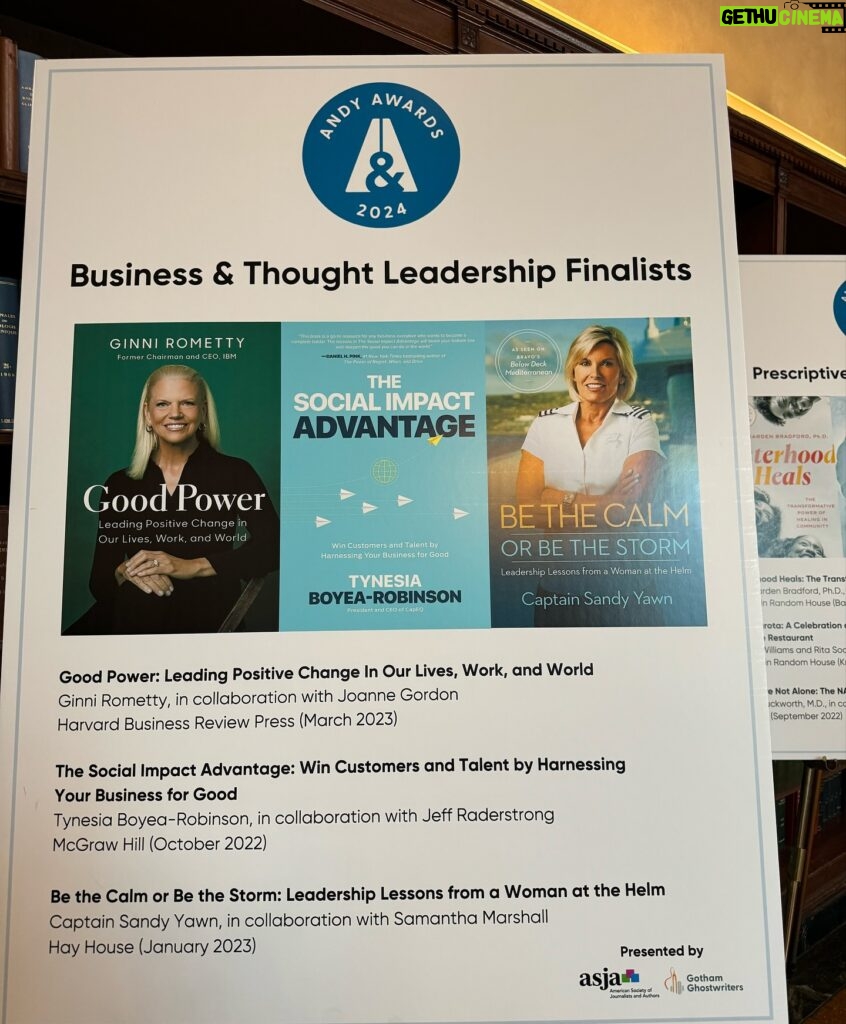 Sandy Yawn Instagram - Huge congrats to Ginni Rometty, the Business & Thought Leadership Andy Awards winner! 🏆 Honored to be a finalist for ‘Be The Calm or Be The Storm.’ Thank you all for the incredible support! ⚓️ #LeadershipJourney #andyawards