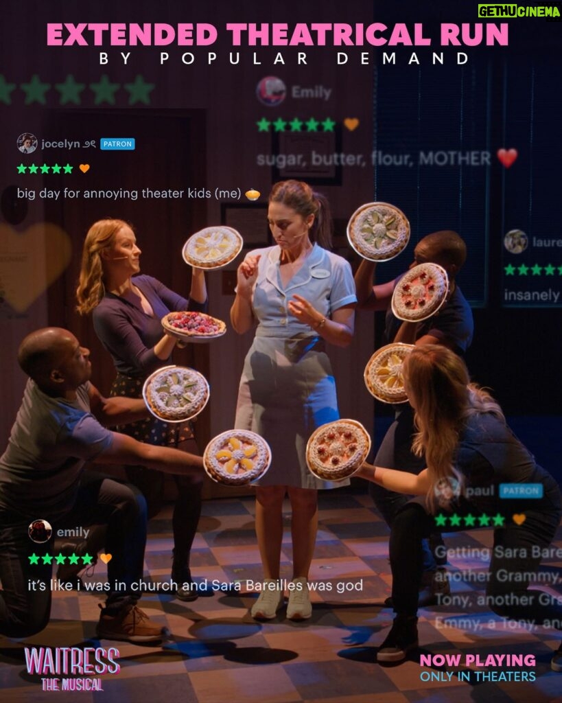 Sara Bareilles Instagram - WE GOT EXTENDED!!!!! This is because of all of YOU!!! One more week to see Waitress in a theater near you…Thank you for making this miracle happen- a dream needs believing to taste like the real thing and YOU are the believers. Thank you thank you. ❤️❤️❤️❤️