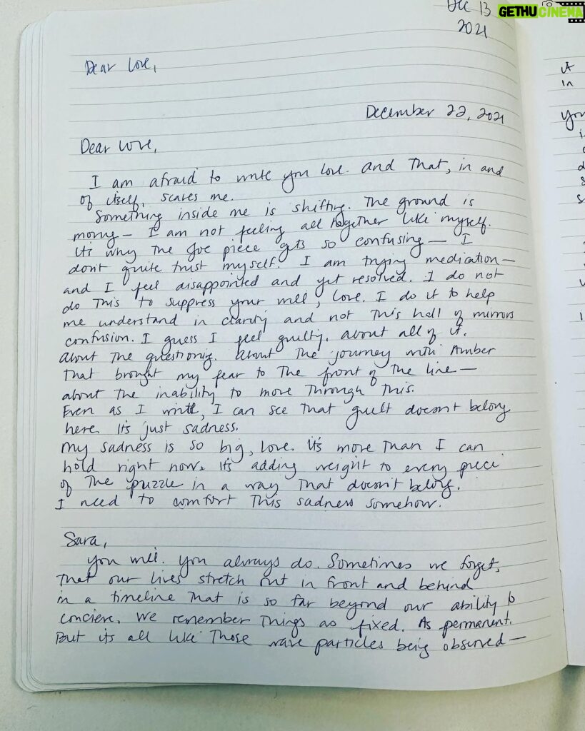 Sara Bareilles Instagram - I am revisiting my journal from 2 days after starting medication. I took advice from @elizabeth_gilbert_writer and wrote letters to Love, and then wrote back to myself in Love’s voice. It is amazing to read this again years later and light years happier. For anyone struggling- you are not alone and it moves like waves- Love told me that. She was right. “Sometimes we forget that our lives stretch out in front and behind in a timeline that is so far beyond our ability to conceive. We remember things as fixed. As permanent. But it’s all like those waves particles being observed- it stops for a moment to let you see what’s in motion. But as soon as you look away… It moves again. You will sort it all out. You have no possible outcome in your life that leaves you in this place. Emotionally or mentally or physically. You are a wave, my darling, and you are observing yourself with such a critical eye, you have become a little self-conscious. Your thinking mind needs to rest. You need to rest. Choose it. Every small gesture of it will be important for your recovery. I say recovery on purpose. You are in recovery– reclaiming, re-designing, repurposing. You are becoming, again. A new. Another. A different. There is a death here, and that is bringing sadness- but you must make room for the joy, my dear one. Reach for the joy and plant it in the scorched earth and as the weather changes yet again, they will rise into the wilderness and ask you to play. Sweet girl- reach for joy and keep going. There is no judgment here. I love you now, I love you yesterday, I love you tomorrow. I love you. Forever. Begin Again.” ❤️✨🌱