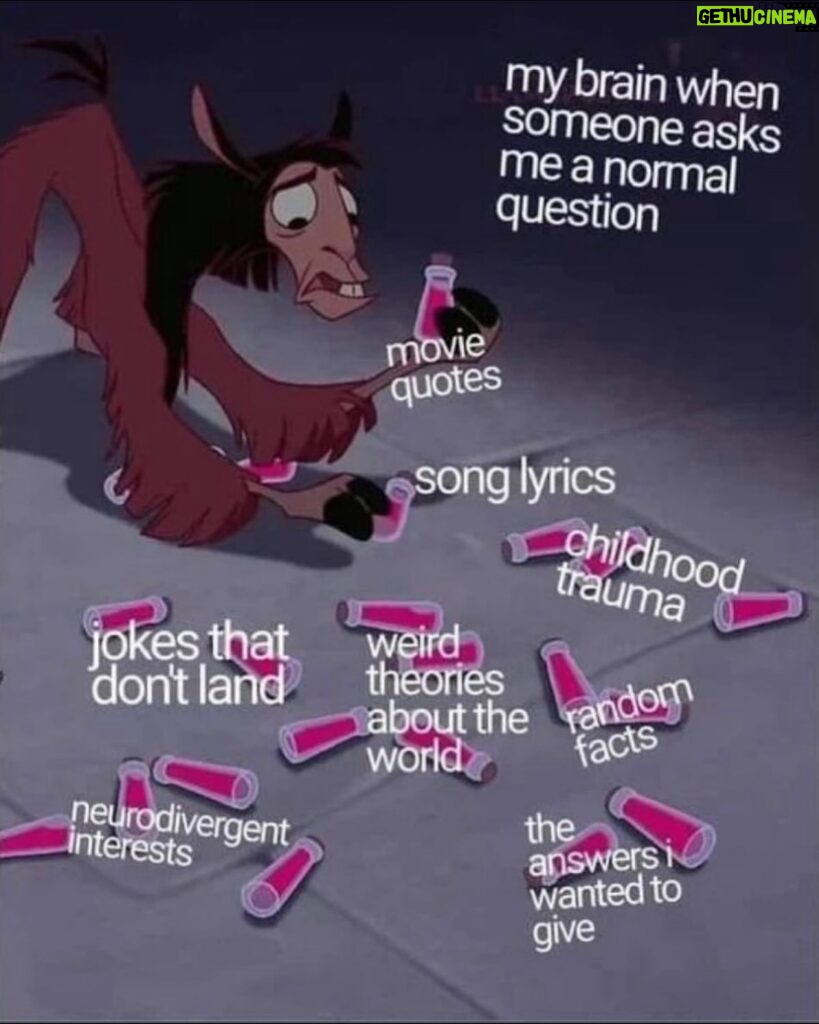 Sara Ramirez Instagram - Sara, how will you be recognizing International Non-binary People’s Day? . . . Image: A meme by graysongoal of Lama Kuzco from Emperor’s New Groove, low to the ground, staring at a floor full of many scattered pink bottles, with one in each hoof. Dark purple background that fades from top of frame to bottom into a purple/greyish floor. There is text in white font in the top right corner that reads: “my brain when someone asks me a normal question”, with overlayed text in white font over several scattered bottles that read: “song lyrics”, “movie quotes”, “childhood trauma”, “random facts”, “the answers I wanted to give”, “weird theories about the world”, “jokes that don’t land”, “neurodivergent interests”. Non-binary people come in many shapes, colors, sizes, paradigms of belief, cognitive functioning, nationalities, ethnicities, political stances, sexual orientations, gender expressions, personalities, ages, differently abled bodies, immigration experiences, etc. And we are so much more than a gender identity. We have been around since the beginning of time, and we will always be here. I’m sending so much love, light and strength to the many enbies and tgnc folx who are out there trying to just be. I feel you. I love you. 💛🤍💜🖤