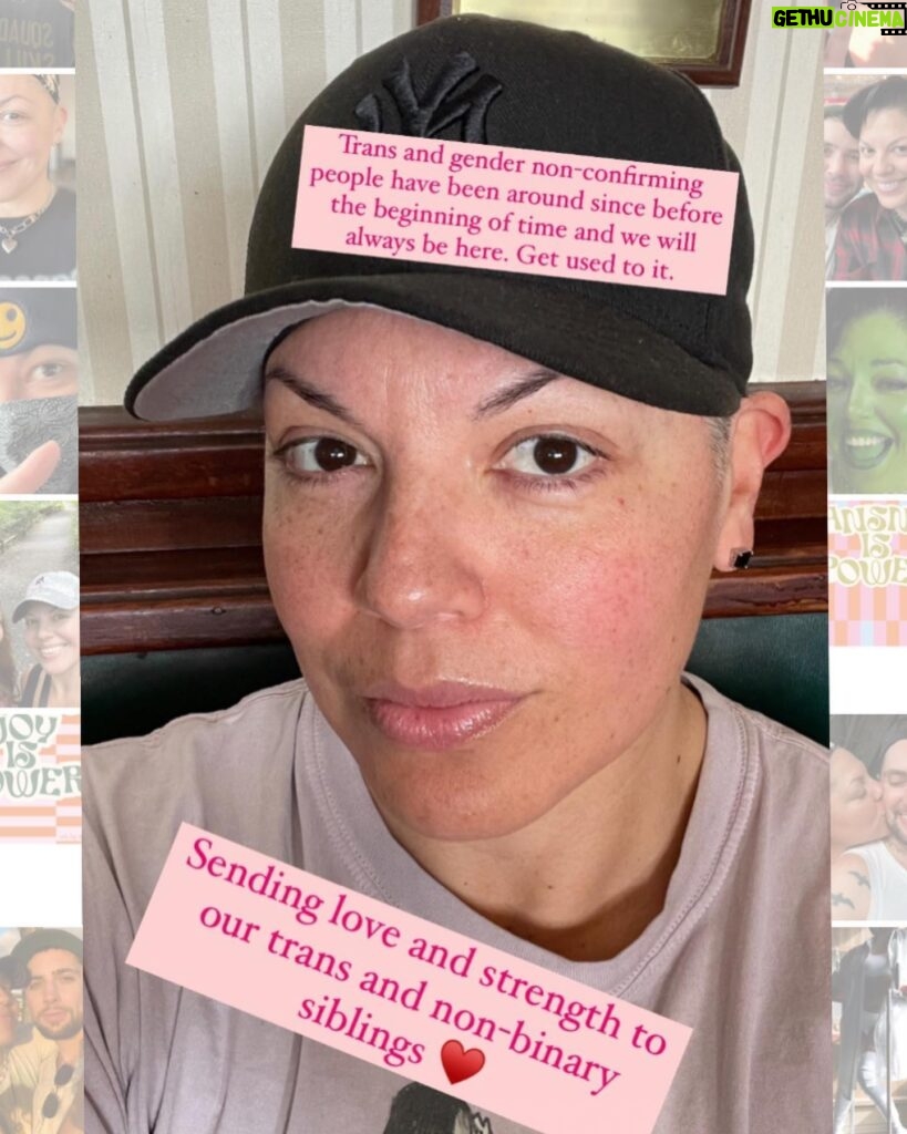 Sara Ramirez Instagram - Grateful to build with theys, shes and hes who genuinely authentically are a We. Thank you. Ya’ll know who you are. . . 1. Sara serious selfie looking into camera, wearing a black ballcap, dusty pink shirt, two pink squares above/below my face that say:”Trans and gender non-confirming people have been around since before the beginning of time and we will always be here. Get used to it.”, and “Sending love to our trans and non-binary siblings♥️”. Faded pics from Sara’s photo album on either side of pic. . 2. Video: Transmas @blacktransliberation 2022, @trudy0nduty walking a cup of water to Sara at one of many tables that night, lots of beautiful tgcn fam taking up space and sharing in our joy and passion for community building and strengthening. . 3. Pic of @qween_jean @kamyothekidd honoring @ohhbrent for all his appreciated efforts for BTL community (and his furry baby Birkin), at Transmas 2022 @blacktransliberation . 4. Pic of @joules.huang.duze being honored at Transmas 2022 by @qween_jean for all their appreciated efforts and contributions to @blacktransliberation community . 5. Pic of @qween_jean at Transmas 2022 honoring @lovingaweirdo for all his appreciated efforts and contributions to @blacktransliberation community . 6. Video of @troyanthonymusic at last nights Vigil and BTL kitchen @blacktransliberation playing a song on the black upright piano, Troy co-wrote with the extraordinary @adriennemareebrown called I Am Free. Tgnc people all around experiencing the power of this music together. . We are queer, trans, cis and intersex. We are gay, lesbian, bisexual and pansexual. We are men, women and non-binary. Some of us don’t like labels, some of us do. We are Black, Brown, white and mixed. We are not a monolith. We are real people. Regardless of what folks experience through a particular lens that entertains itself when writing and delivering stories about fictional versions of us, we here are real. Our lives matter. And there are many states in the US currently attempting genocide against our trans siblings and most marginalized within the LGBTQIA community. Will you join us in the fight for true liberation? What side of history will you be on?
