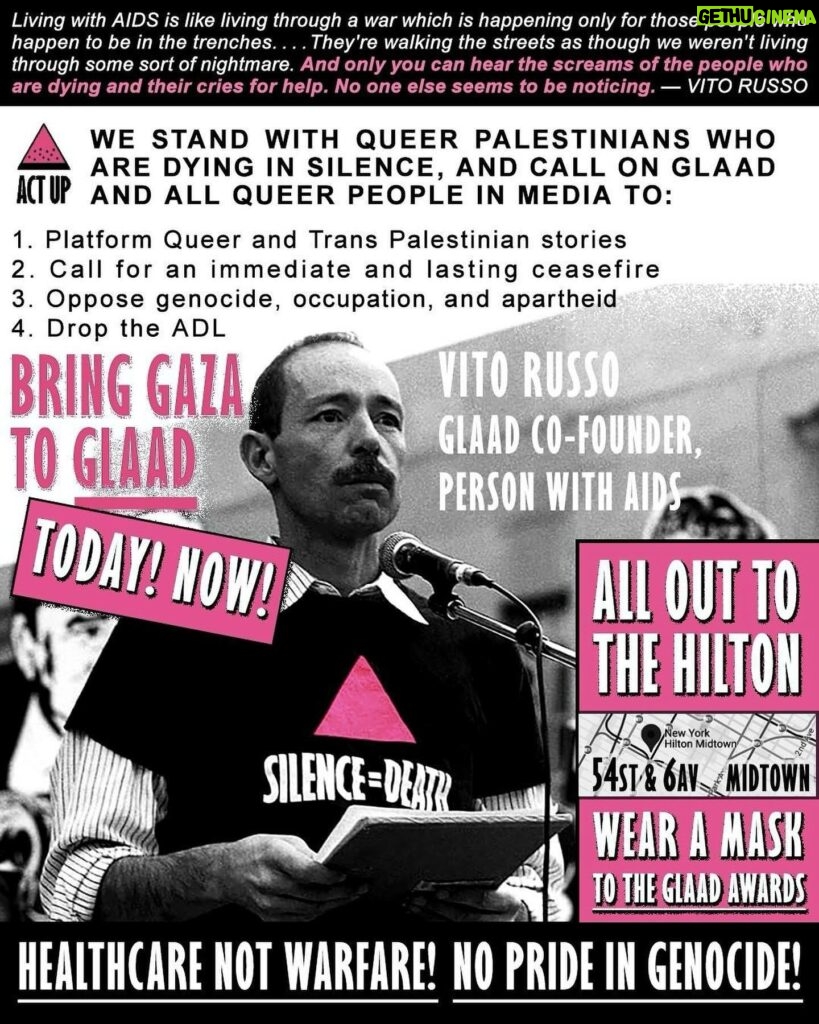 Sara Ramirez Instagram - 📢📢 HAPPENING NOW: JOIN US ‼️ THE HILTON MIDTOWN, 54ST & 6AV, BRING GAZA TO GLAAD ‼️ OFF YOUR SCREENS, & INTO THE STREETS ‼️ FOR QUEER PALESTINIANS FACING GENOCIDE ‼️ JOIN ACT UP & PEOPLE OF CONSCIENCE DEMANDING GLAAD & ALL QUEER PEOPLE IN MEDIA TO: PLATFORM PALESTINIANS, CALL FOR CEASEFIRE, OPPOSE GENOCIDE, & **DROP THE ADL** 🚫 WHEN STUDENTS AND MUSLIMS ARE UNDER ATTACK, WHAT DO WE DO? STAND UP, FIGHT BACK! 🔺🔺🔺 WE SAY NO TO RACIST FEAR, WE LOVE PALESTINIANS HERE! 🗽❤️🇵🇸 FIGHT AIDS, FIGHT GENOCIDE, FIGHT HATE, FREE PALESTINE! 🍉🏳️‍🌈🏳️‍⚧️ #ALLEYESONRAFAH #DROPTHEADL