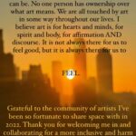 Sara Ramirez Instagram - Blurry picture that Sara took of an NYC pov sunrise through Manhattan/Queens/Brooklyn buildings, the sun is a warm vibrant orange yellow peeking through the buildings, black font over the top of the picture that reads “Thinking about art and how powerful it can be. No one person has ownership over what art means. We are all touched by art in some way throughout our lives. I believe art is for hearts and minds, for spirit and body, for affirmation AND discourse. It is not always there for us to feel good, but it is always there for us to FEEL.”, yellow font across the bottom of the picture that reads “Grateful to the community of artists I’ve been so fortunate to share space with in 2022. Thank you for welcoming me in and collaborating for a more inclusive and harm reductive future.”