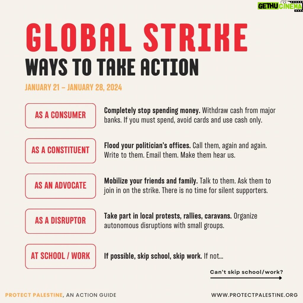 Sara Ramirez Instagram - JOIN THE WEEKLONG GLOBAL STRIKE. There’s no time to “wait and see” – we’re calling on you to mobilize your friends and family to stop spending money, flood politicans phonelines, and take to the streets for local actions. We demand a ceasefire NOW. For 3-minute tasks and information on local protests & events, check our link in bio. #standwithpalestine #freedomforpalestine #ceasefirenow #istandwithpalestine