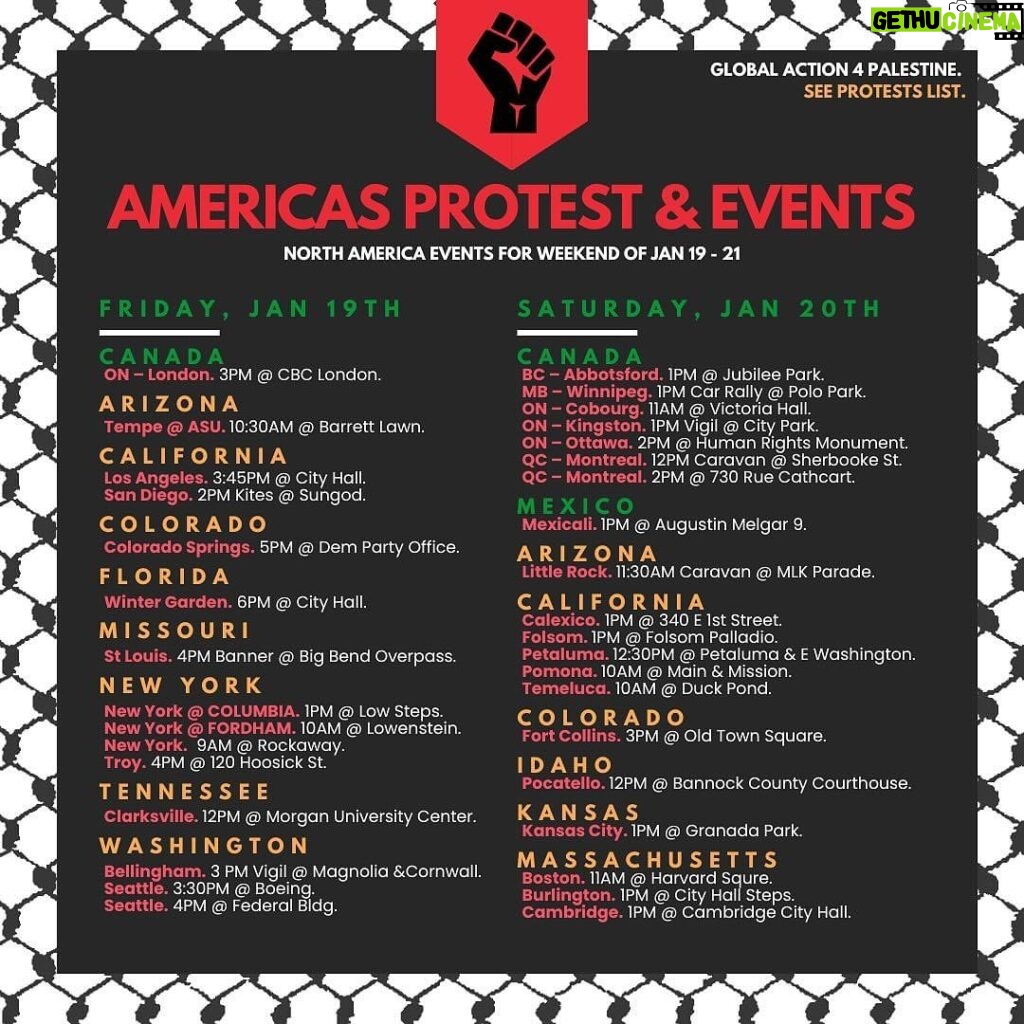 Sara Ramirez Instagram - CEASEFIRE NOW!! GLOBAL STRIKE JAN 21-28 Repost from @protectpalestineorg OUR WEEKEND PROTEST GUIDE IS HERE. 175 PROTESTS AND EVENTS AROUND THE WORLD, WHERE WILL YOU PROTEST? Details to all protests in our link in bio! #standwithpalestine #freedomforpalestine #ceasefirenow #istandwithpalestine