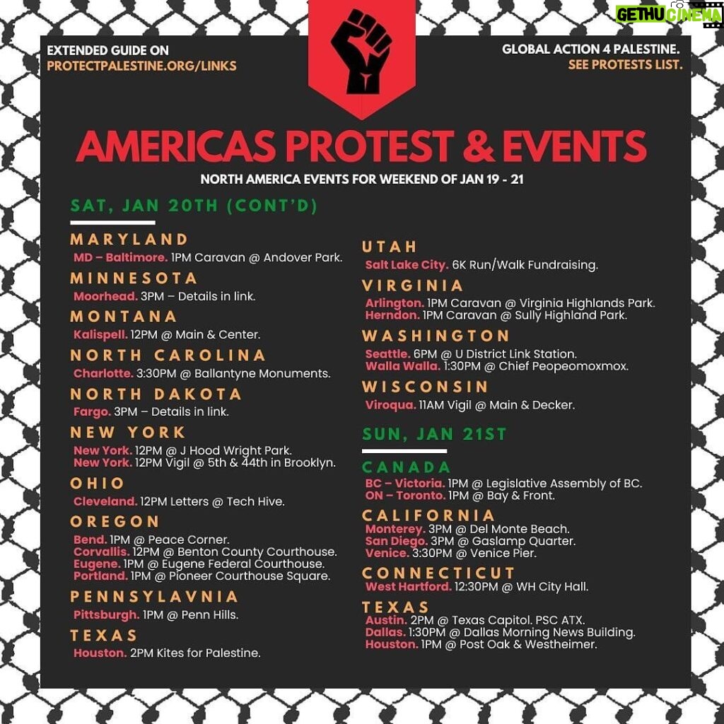 Sara Ramirez Instagram - CEASEFIRE NOW!! GLOBAL STRIKE JAN 21-28 Repost from @protectpalestineorg OUR WEEKEND PROTEST GUIDE IS HERE. 175 PROTESTS AND EVENTS AROUND THE WORLD, WHERE WILL YOU PROTEST? Details to all protests in our link in bio! #standwithpalestine #freedomforpalestine #ceasefirenow #istandwithpalestine