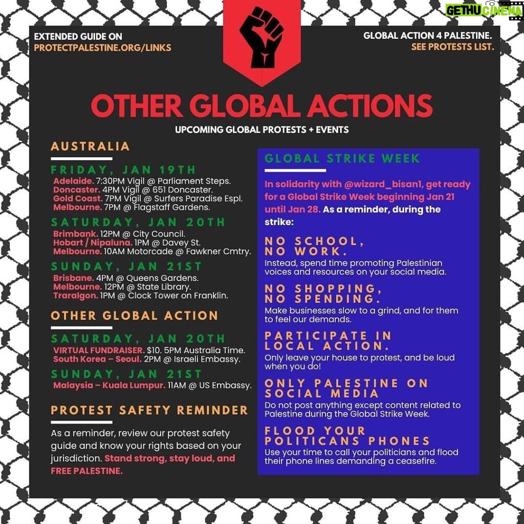 Sara Ramirez Instagram - CEASEFIRE NOW!! GLOBAL STRIKE JAN 21-28 Repost from @protectpalestineorg OUR WEEKEND PROTEST GUIDE IS HERE. 175 PROTESTS AND EVENTS AROUND THE WORLD, WHERE WILL YOU PROTEST? Details to all protests in our link in bio! #standwithpalestine #freedomforpalestine #ceasefirenow #istandwithpalestine