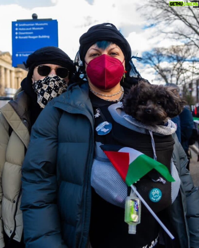 Sara Ramirez Instagram - None of us are free until all of us are free. 🍉 . . First pic by @madisonswart of me, @trudy0nduty and Mio in D.C. at the March for Gaza on Jan 13th, 2023. We are masked with winter coats on, and I am carrying Mio in a pet backpack on my front with a Palestinian flag hanging off it. We are against Islamophobia, anti-semitism, and genocide. We are against the U.S. government funding these horrific dehumanizing atrocities and we felt it necessary to show up with our queer, non-binary and trans community, which included trans Egyptian Palestinians. Lgbtqia2s community exists worldwide and will not be forgotten. Some like to pass around this tired narrative that we have no business advocating for Palestinian lives because they say that if we were in Gaza a certain kind of violence would be perpetrated on us that wouldn’t in the U.S. Well, Im feeling for those folks and their projections. I’m also here to remind them that here in the U.S. LGBTQIA2S people are still being murdered and discriminated against for being queer - in particular Black, Brown and Indigenous trans and non-binary communities. The point of including us in all spaces is to remind everyone that none of us are free until all of us are free. Humans have a history of violence throughout the world- this is nothing new. And liberation is for ALL OF US. So get used to us being present and accounted for. We matter, whether we’re in the U.S., the Congo, Sudan, Puerto Rico, Haiti, Hawaii or Gaza. And I am sending you all love, no matter how deeply you are hurting. . . . Second pic is by @dj_lehrhaupt of the back of a pair of sneakers that say Free Palestine on the backs of the heels.