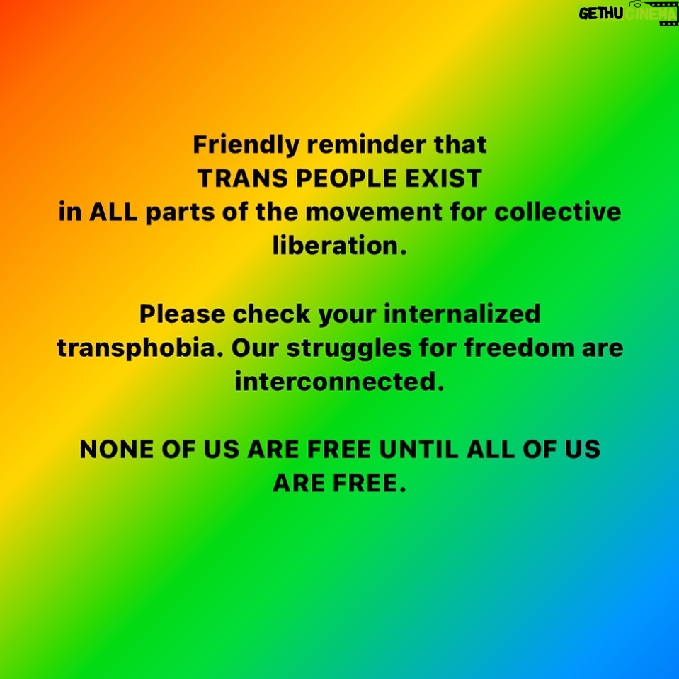 Sara Ramirez Instagram - Friendly reminder that TRANS PEOPLE EXIST in ALL parts of the movement for collective liberation. Please check your internalized transphobia. Our struggles for freedom are interconnected. 🍉 NONE OF US ARE FREE UNTIL ALL OF US ARE FREE. . . Caption above in black font over a rainbow background with the song Ya Tal3een by Dana Salah playing lyrics that include: . Last night I had dreams In the land of olive trees From the river to the sea People tasted freedom Soon those hellish skies Turned to blue and starry nights As their voices start to rise, we’re Ending an apartheid Hold on Just a little longer we’re going home Just a little longer hold on Glory’s Around the corner we’re going Home with our waving flag 🇵🇸🍉❤️‍🔥
