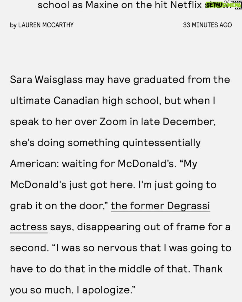 Sara Waisglass Instagram - Thank you Nylon✨ Link in bio for a candid chat about Ginny and Georgia season 2, why I fell in love with Max, and the fact that matching with a degrassi actor is a right of passage as a Canadian🫢 photo by: @franckbohbot hair by: @terrarosepuncerelli makeup by: @lorencanbymakeup