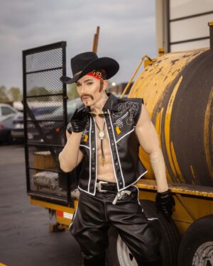 Sasha Velour Instagram - The return of my drag-king alter ego “Alexander Velvet”! Inspired by my favorite kings, I got dressed up in head-to-toe plastic for this biker/cowboy/Tom of Finland fantasy. 

Look @caseyyalater 
Embroidery by @jimmy.makes.things 
Padding by me
Photos by @gregendries