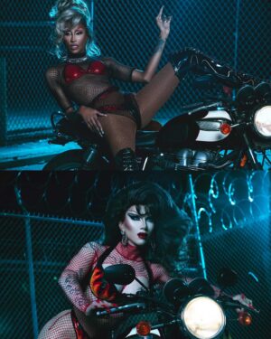 Sasha Velour Instagram - BABES ON BIKES with @thequeenpriyanka.  Photos by @vadellaphoto. Inspired by a T-shirt I found in Murfreesboro, TN during filming (swipe to last slide).

We are selling signed posters of us as the hot, highly INDECENT bikers (perfect for your garage honestly), with 100% of profits going to @nourishfoodbank, middle Tennessee’s largest direct service food bank (where our drag daughter @veronica.p679 proudly works). Only a limited number are available at @mybestjudy and on houseofvelour.com, so act now!

Season 4 of @werehere continues this Friday as we ride out to Tulsa, Oklahoma and pick up the legendary Latrice Royale for more shows! @hbo @streamonmax

Bike @spiciestmeatball 
Look @blackandwhitestriped 
Hair @wigsandgrace