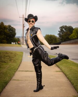 Sasha Velour Instagram - The return of my drag-king alter ego “Alexander Velvet”! Inspired by my favorite kings, I got dressed up in head-to-toe plastic for this biker/cowboy/Tom of Finland fantasy. 

Look @caseyyalater 
Embroidery by @jimmy.makes.things 
Padding by me
Photos by @gregendries