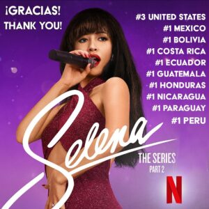Selena Quintanilla Instagram - This wouldn’t be possible without the love and support of Selena’s fans. Thank you all for making Selena The Series a success and go #1 in multiple countries! 💜 

Esto no sería posible sin el amor y el apoyo de los fans de Selena. ¡Gracias a todos por hacer Selena La Serie un éxito y ser el número 1 en varios países! 💜