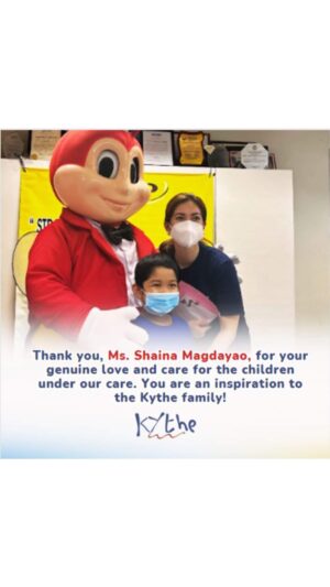Shaina Magdayao Instagram - On December 15, 2023, Ms. Shaina Magdayao visited the Kythe office for a gift-giving initiative and a meet-and-greet with the Kythe kids and parents! 💜

During this heartfelt event, Ms. Shaina introduced herself to the kids, took pictures with them, distributed hearty meals, and provided snack-filled bags courtesy of Landers. 🌈
Our friend Jollibee also graced the event for added fun!

In a thoughtful gesture, the Kythe children gave thank-you cards to Ms. Shaina. 🤗

Thank you, Ms. Shaina Magdayao, for your genuine love and care for the children under our care.❤️‍🩹 You are an inspiration to the Kythe family!

Happy New Year! 🎄

Grant holiday wishes today at: https://kythe.org/christmas-giving/ . 

#KytheFoundation #GiveLove #GiveHope #Magic #SparkleOfHope
#viralreelsfb #viralvideo #viralpage #trendingreels #fbreels