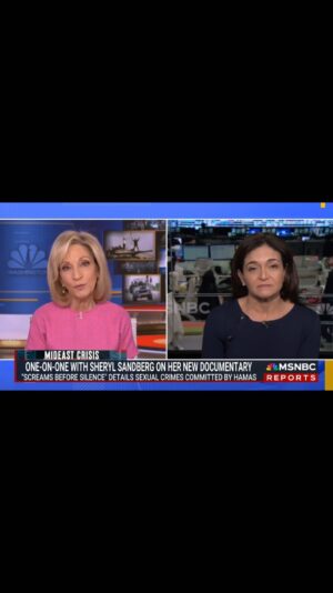 Sheryl Sandberg Instagram - @screamsbeforesilence is a heart wrenching look into the suffering of those who survived Hamas’ attacks on October 7 and those who were lost. We owe it to all the victims to understand the truth of what happened and stand united against rape.
 
Thank you Andrea Mitchell (@mitchellreports) for your reporting on this important story. 

Watch #ScreamsBeforeSilence on YouTube at the link in my bio.