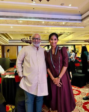 Shraddha Gautam Instagram - My stand up act was after his session & I was backstage ( swipe left) envying the audience who would get to meet him while I waited back stage… but he watched me perform and I got to thank him for the joy he brought us all! I am so thrilled!! @mmkeeravaani #naatunaatu