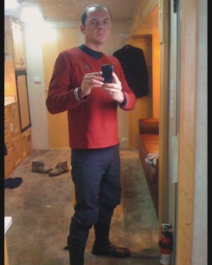 Simon Pegg Instagram - Star Trek ‘09 is 15 years old! To celebrate here’s the first ever selfie I took of myself in my original uniform, in my trailer on the @paramountpics lot in LA in 2008. If you hear any news about the fourth film in the Kelvin timeline, let me know  #redshirtsneversaydie 🖖🏻❤️