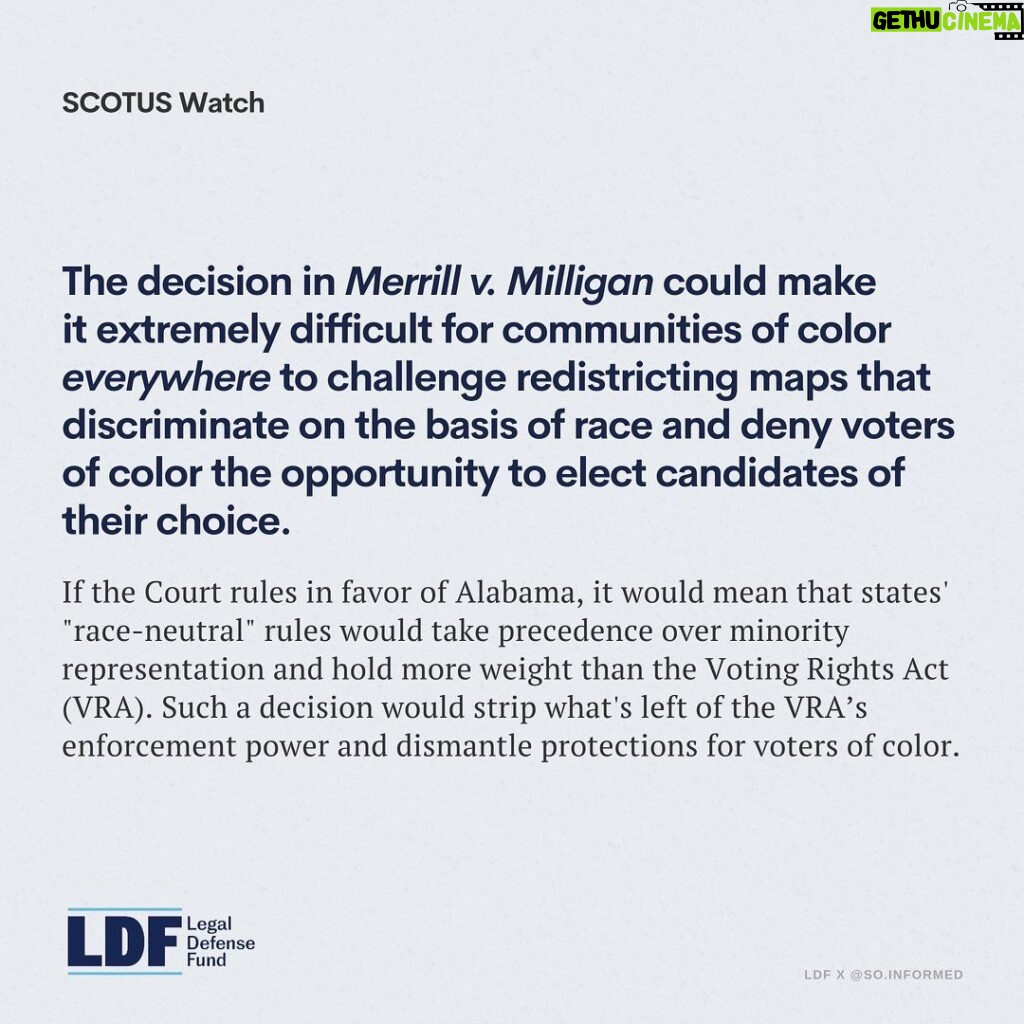 Sonequa Martin-Green Instagram - Alright y’all. So last week, the Supreme Court heard oral arguments in Merrill v. Milligan. This case centers on discriminatory redistricting practices in Alabama, which could have a widespread effect across the US. @NAACP_LDF and @So.Informed teamed up to share more about the case, how gerrymandered redistricting can dilute the power of Black voters, and why we must protect voting rights and fight for fair maps. It’s a lot to read but please, swipe. 🖤