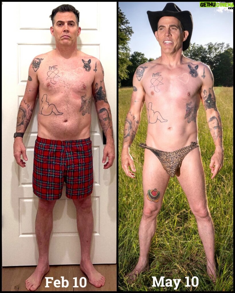 Steve-O Instagram - These photos are three months and TWENTY POUNDS apart! My 50th birthday is next month, and I decided to kick Father Time in the nuts as hard as I can by getting as healthy as possible. Ranch life is good, thanks so much to @jbird48 for shooting my sexy “after” shots!