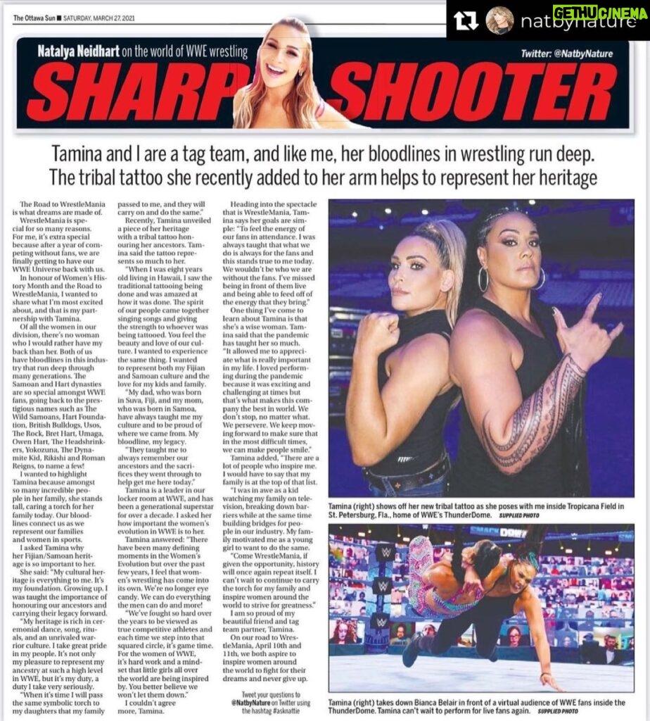 Tamina Instagram - Thank you so much for choosing me to be featured in your article. I truly am grateful and blessed to be a part of it Baby G @natbynature 🙏🏽😘🥺🤗❤️I was hella excited for the paper to come out today😆😎 and I also want to give a big THANK YOU🤙🏽to @calgarysun @Edmontonsun @TheTorontoSunonline ❤️🤟🏽🖤🌺 . . Repost from @natbynature • The road to #Wrestlemania continues with my feature on my tag team partner, the very mysterious @saronasnukawwe. When I think of STRONG women, I think of her. Check it out— in all Sun newspaper’s across Canada❤️Thank you @calgarysun @torontosunonline @edmontonsun! LINK IN MY BIO TO READ!!!!