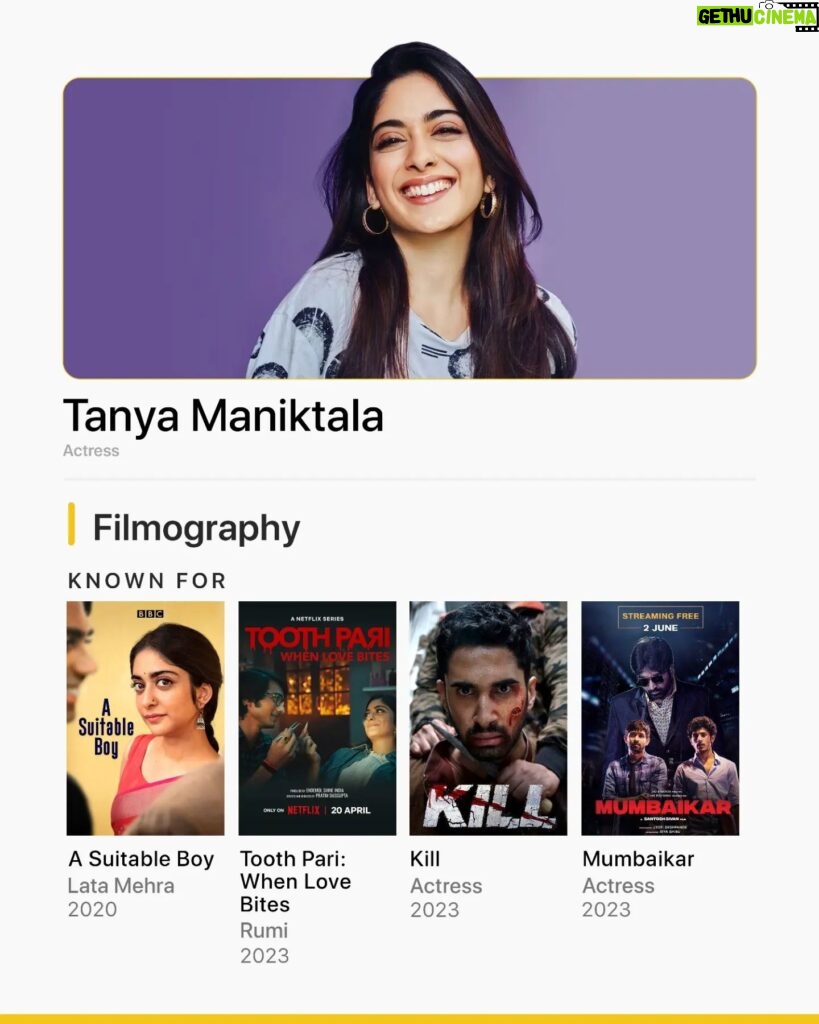 Tanya Maniktala Instagram - Planning to watch more of @tanyamaniktala's filmography after P.I. Meena? Our 'known for' is here to clue you in 🕵️‍♂️💛 🎬: A Suitable Boy | Netflix Tooth Pari: When Love Bites | Netflix Kill Mumbaikar | Jio Cinema