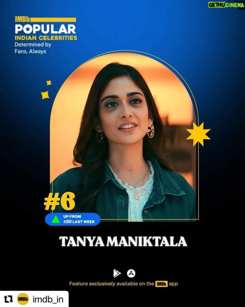 Tanya Maniktala Instagram - Shukriya! I do not hold ranks or awards in too high regards because love or the way you can make people feel cannot be quantified but I still cannot thank you all enough for all the love that you’ve given me. I only hope that I can reciprocate it through the work that I do, and know that I will forever hold this feeling in my heart. So so grateful! ♥️ #Repost @imdb_in with @use.repost ・・・ With new arrivals, familiar faces, and resurging ranks, it’s been quite an amazing week for IMDb's Popular Indian Celebrities Feature! 🌟 Check out the remaining list on the IMDb app on iOS and Android 🍿 This list is powered by ‘Popular Indian Celebrities’: a new weekly IMDb feature that showcases the Indian stars trending globally: actors, directors, cinematographers, writers, the list covers it all! And as always, it’s determined by more than 200 Million fans monthly from around the globe! 😎