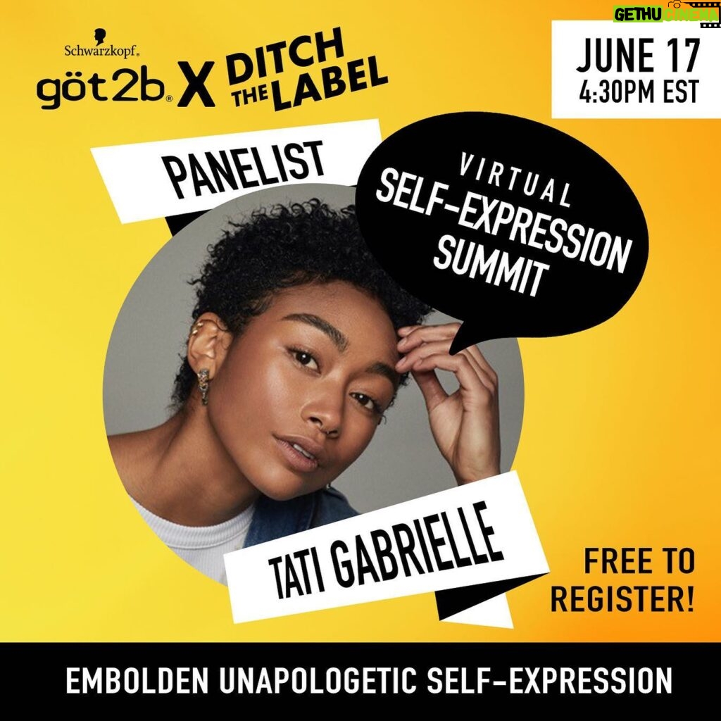 Tati Gabrielle Instagram - Hello Lovelies! Join me along with @got2busa and @ditchthelabel for our first ever göt2b Virtual Self-Expression Summit where I will be featured as a panelist! Following the panel, the incredible Actor, Director, and Writer @alexisgzall and I will be leading a breakout session around “Self-Expression Through Story-Telling” where we will give tips and tricks on how to empower yourself through character building and re-imagination. I believe self-expression is one of the most powerful gifts we possess, a gift that will lead us to pure FREEDOM. So it is an incredible honor to be a part of this Summit, and if I can encourage even just one person toward that freedom, my soul will elate. & The second best part? (Because the best part is clearly the self-expression) It’s free! Don’t miss the chance to join the conversation on June 17th at 1:30PST/4:30 EST/3:30 CST. Register now, link in bio! And checkout all of our inspiring guests & panelists!: Headliner/Celebrity Speaker: Avani Kiana Gregg @avani Moderator: Liam Hackett @diageoliam Panelists: Alexis Zall @alexisgzall Matthew Diaz @mattjosephdiaz Blair Imani @blairimani Steven Sharpe Jr. @stevensharpejr #got2bpartner #got2bxditchthelabel #ditchthelabelxgot2b  #got2bselfexpressionsummit  #got2bYOU #forwhoeveryouwant2b