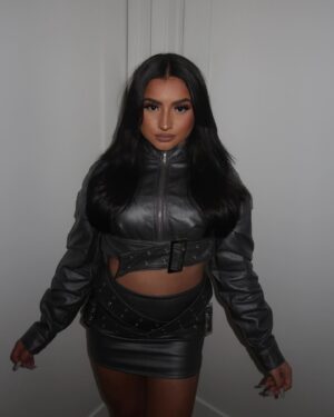 Tati McQuay Instagram - Tell me you don’t never wanna lose me 🩶 @prettylittlething #PLTpartner 

Jacket - sku code (CNG5403)
Mini Skirt - sku code (CNG5404)