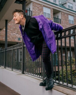 Thomas Sanders Instagram - We actually got the pelt of Grimace in order to make this jacket for a Virgil-inspired look. 💜 Just celebrated 7 years since the introduction of Virgil. Happy “Birthday”, dude 🎂💜 
(📸: @jameslightner; 👕: @dpstyledme)
