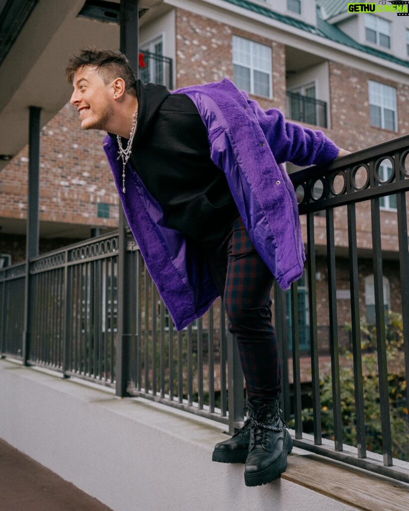 Thomas Sanders Instagram - We actually got the pelt of Grimace in order to make this jacket for a Virgil-inspired look. 💜 Just celebrated 7 years since the introduction of Virgil. Happy “Birthday”, dude 🎂💜 (📸: @jameslightner; 👕: @dpstyledme)