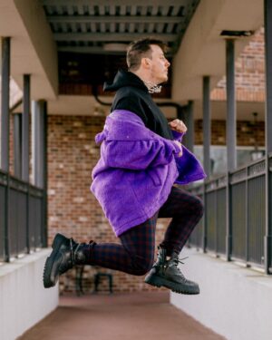 Thomas Sanders Instagram - We actually got the pelt of Grimace in order to make this jacket for a Virgil-inspired look. 💜 Just celebrated 7 years since the introduction of Virgil. Happy “Birthday”, dude 🎂💜 
(📸: @jameslightner; 👕: @dpstyledme)