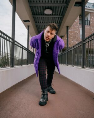 Thomas Sanders Instagram - We actually got the pelt of Grimace in order to make this jacket for a Virgil-inspired look. 💜 Just celebrated 7 years since the introduction of Virgil. Happy “Birthday”, dude 🎂💜 
(📸: @jameslightner; 👕: @dpstyledme)