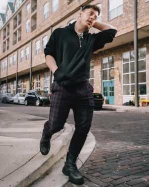 Thomas Sanders Instagram - We actually got the pelt of Grimace in order to make this jacket for a Virgil-inspired look. 💜 Just celebrated 7 years since the introduction of Virgil. Happy “Birthday”, dude 🎂💜 
(📸: @jameslightner; 👕: @dpstyledme)