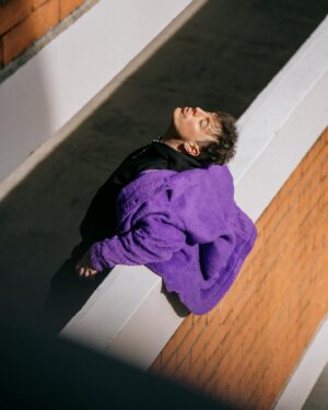 Thomas Sanders Instagram - We actually got the pelt of Grimace in order to make this jacket for a Virgil-inspired look. 💜 Just celebrated 7 years since the introduction of Virgil. Happy “Birthday”, dude 🎂💜 
(📸: @jameslightner; 👕: @dpstyledme)