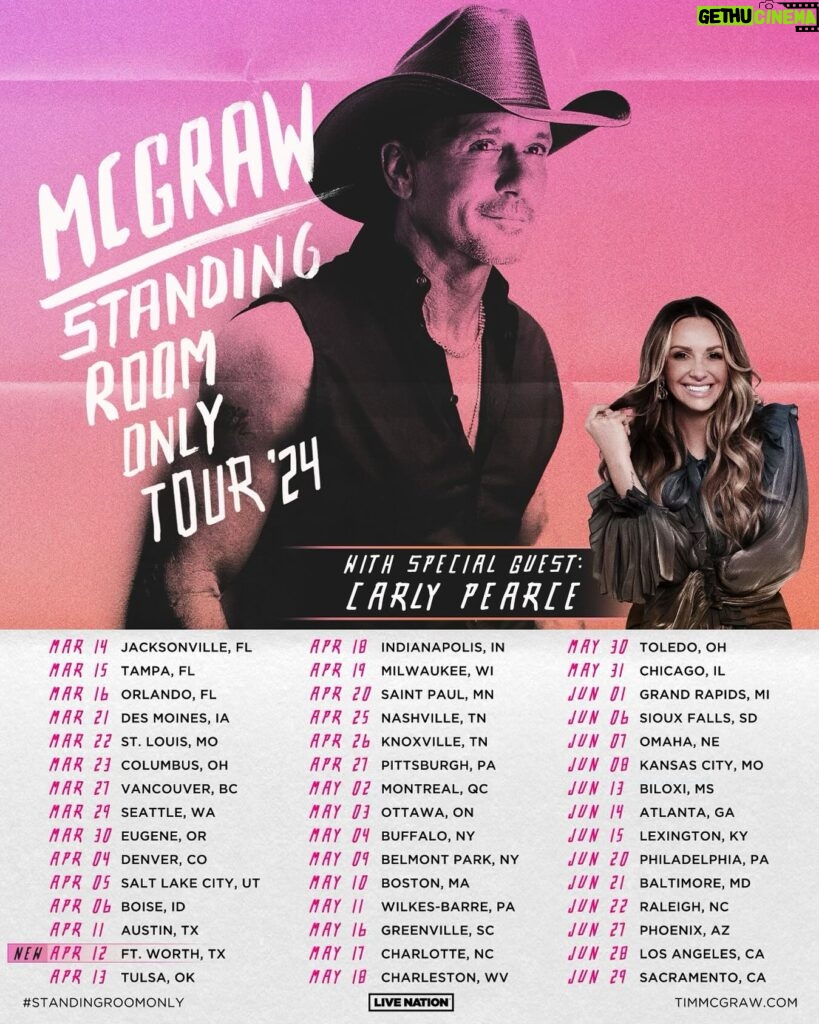 Tim McGraw Instagram - We heard you…. And just added one more show to the #StandingRoomOnly tour with special guest @carlypearce! See you April 12th at @dickiesarena in Ft. Worth!! Tickets on sale this Friday at 10am CT.
