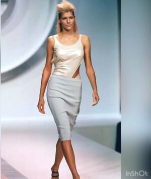 Tricia Helfer Instagram - Thx @triciahelfersupermodel for digging some of my old work up.  Seeing these makes me wish I had these two outfits.  Love the skirt and top for a press event 😜 #grèsparis #designer #runway