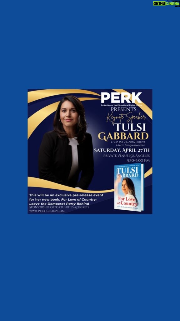 Tulsi Gabbard Instagram - PERK is honored to welcome Tulsi Gabbard as our Keynote Speaker for a very special event on Saturday, April 27th at 5:30pm at a private venue in Los Angeles to discuss her new book, For Love of Country: Leave the Democrat Party Behind. This will be an unforgettable evening filled with compelling conversation, unparalleled elegant ambiance and delicious cuisine. All guests who purchase tickets will receive a free copy of the book before it’s released on April 30th. Comment “LINK” to receive a link for tickets sent directly to your inbox. Or visit www.perk-group.com for ticket information. All ticketed guests will receive a complimentary copy of Tulsi’s book at the event prior to its release date April 30th. About For Love of Country: Tulsi Gabbard was the rising star of the Democrat Party. But the growing wokeness, fomenting racism, and intolerance were more than she could stomach, and she left. This is her story and a call to action to Americans who love our country and cherish peace and freedom. Visit our website to get more information on Tulsi and her story! We hope you will join us! 🇺🇸 #tulsigabbard #forloveofcountry #perkTulsievent #PERKinthecommunity #PERKGROUP #PERKevents #PERKatthecapital #PERKcalltoaction #PERKadvocacy #PERKLawsuits #PERKwins
