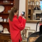Whitney Port Instagram - We are so excited to have @whitneyeveport back at LCH. During her visit, Whitney styled some of her favorite pieces in the store. She has a love affair with antiques and a great eye for style. Watch to see how Whitney added her flair to our store shop the look. FEATURED PIECES Painted Bench: Primitive painted storage bench with lift up seat with slatted sides and back. Marble Cocktail Table: Contemporary cocktail table on an offset trestle base. Slightly rounded corners and beautiful hints on beige, cream, pink, blue, and grey. Black & Gold Set of Wall Art: DM to inquire Kick-Me Pillow: Handmade crushed velvet round ball pillow