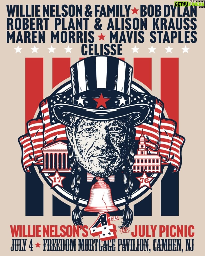 Willie Nelson Instagram - JUST ANNOUNCED! Willie Nelson's 4th of July Picnic is coming to Philly for the first time ever! Join Willie and his friends on Independence Day in the birthplace of America, with @bobdylan, @robertplantofficial & @alisonkrauss, @marenmorris, @mavisstaples, and @celissemusic. *Club Luck Members get access to Presale Tickets Tue, 3/26 at 12pm ET. Tickets onsale to the public Friday, 3/29 at 10am ET. July 4 | @freedommortgagepavilion in Camden, NJ Tickets at willienelson.com Not a Club Luck member? Join today at willienelson.com to get access to tickets before the public! #williespicnic @blackbird_presents