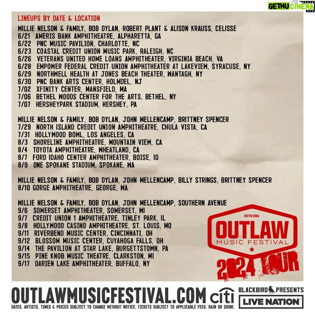 Willie Nelson Instagram - The Outlaw Music Festival Tour is back with an incredible lineup of legendary artists joining me on the road in 2024! Presale tickets are on sale today at 10AM using code OUTLAW24. Tickets on sale THIS Friday, 3/1, at 10am local time. For more details and tickets go to outlawmusicfestival.com/presale. @outlawmusicfestival @blackbird_presents #outlawmusicfestival