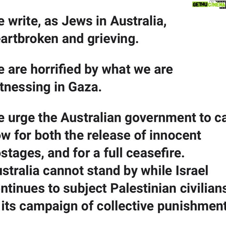 Yael Stone Instagram - I am a secular Australian Jew and I have signed this open letter. The land in the Middle East has number of touchstones for my family, my name is drawn from those connections. But I have never set foot there, I never felt I had the capacity to hold so many conflicting notions and visit with a clear heart. This war is vast and deep, historically ancient, complex and wrought with pain - all beyond the scope of my comprehension. But I do know this, the current violence is taking us further and further from peace. And peace must surely be our purpose.##### IMPORTANT ADDITION = For those of you posting flags in connection to my post, respectfully, I ask you not to. I do not stand for ‘a side’ or behind any flag that is well beyond my comprehension let alone my identity. That is tribalism at work - that seeks to divide, a world where you have to choose a side (and continue the battle footing). With this post I support peace - which practically is a long and delicate process - that will not involve little me or most of us in social media land. My post is a simple statement that first step towards peace seems to be the cessation of violence. This includes a release of hostages which is stated clearly in the letter.