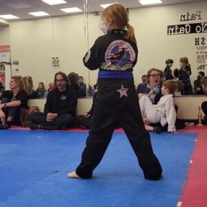Abigail Savage Instagram - Congrats to V on getting her Blue-Tip belt in Tae Kwon Do last night! Flying kick - so cool.