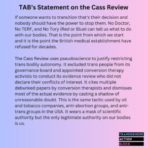 Abigail Thorn Instagram - Have to agree with Transgender Action Block here: too many people have died on the NHS waiting lists, we need self-determination! More segregation and control can’t be the answer - our bodies, our choice 💖✨👑