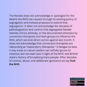Abigail Thorn Instagram - Have to agree with Transgender Action Block here: too many people have died on the NHS waiting lists, we need self-determination! More segregation and control can’t be the answer - our bodies, our choice 💖✨👑