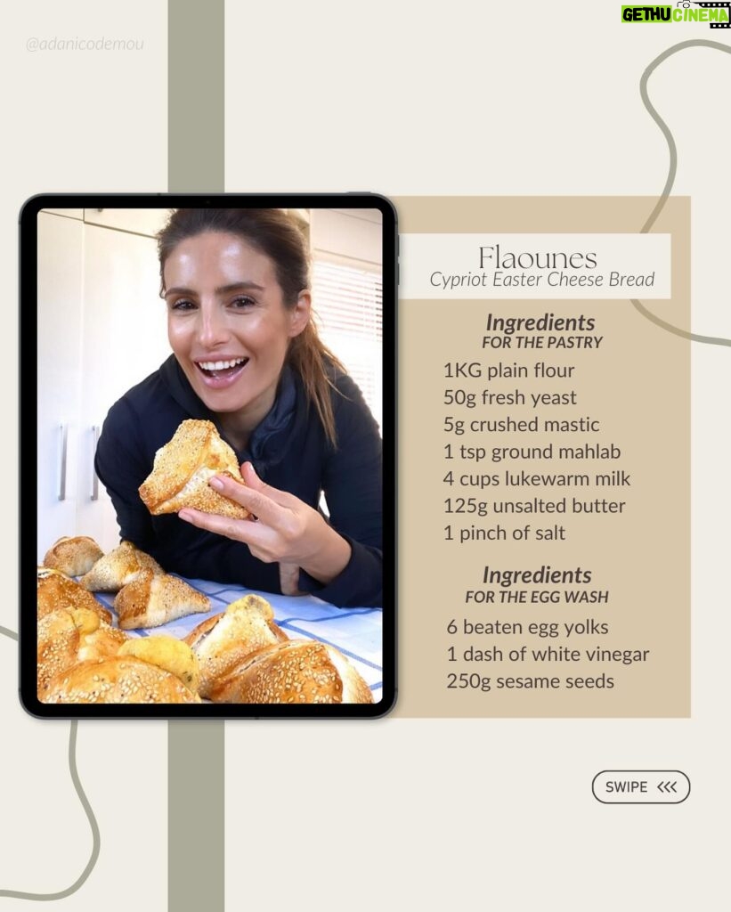 Ada Nicodemou Instagram - It’s Orthodox Easter this weekend so I gathered up Mums Flaounes recipe that you just have to try! ⭐️ P.S - the more sultanas the better! 😉 Happy Easter! x